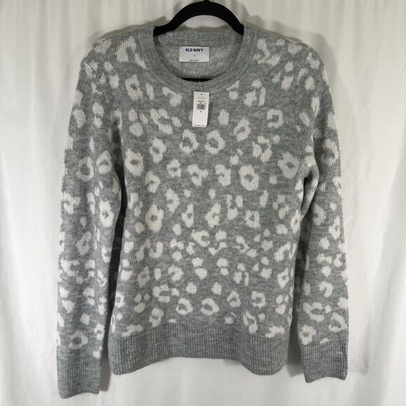 New Old Navy Sweater Women's Medium Grey Cheetah Print Crew Neck - Picture 1 of 9